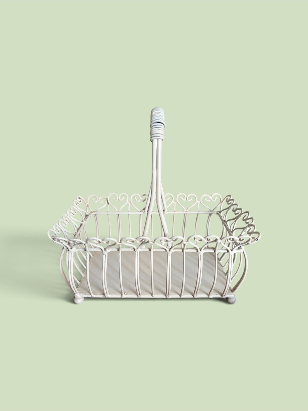 Vintage Heavy Wrought Iron French Country Basket White Heart Scroll Caddy